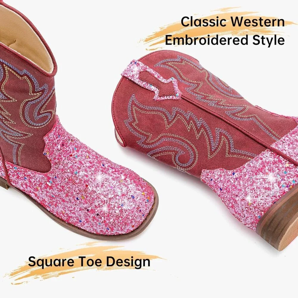 Unisex Child Pink Mid Calf Glitter Toddler Cowboy Boot Little Big Kids Western